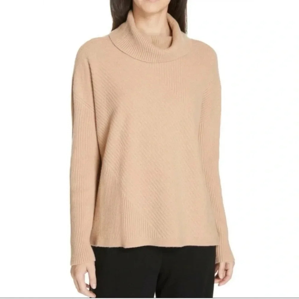 Eileen Fisher Rib Knit 100% Cashmere Hi-Lo Turtleneck Sweater Sz XXS Italy